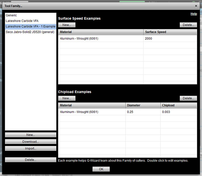 Machining software tool family popup with generic, Lakeshore Carbide VFA, Seco Jabro-Solid2 JS520 options.