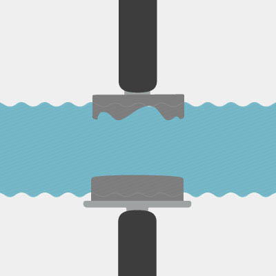 Two flat gray objects separated by a gap, positioned above and below a wavy blue line.