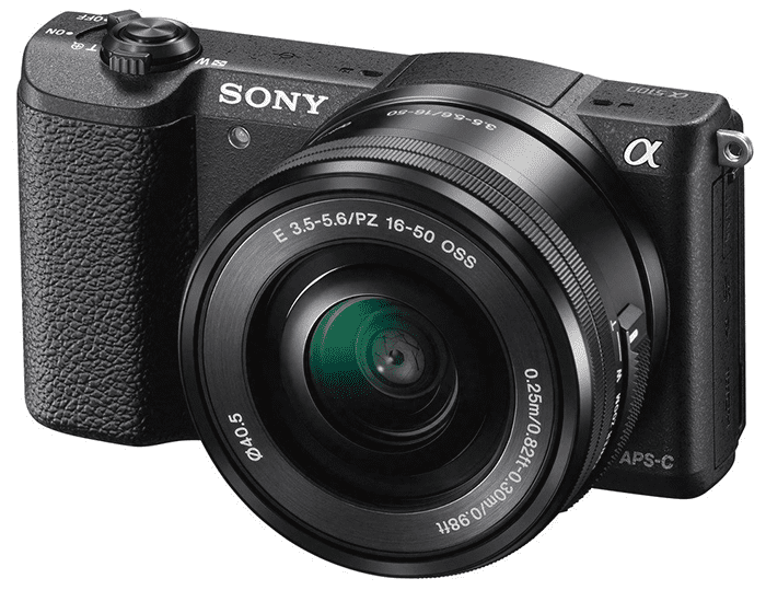 Black Sony camera with lens against white background, showcasing sleek design and features.