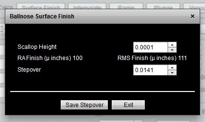 Ballnose end mill surface finish calculator with input fields.
