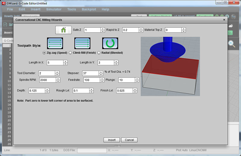 Machining software Conversational CNC Milling Wizard interface screenshot.