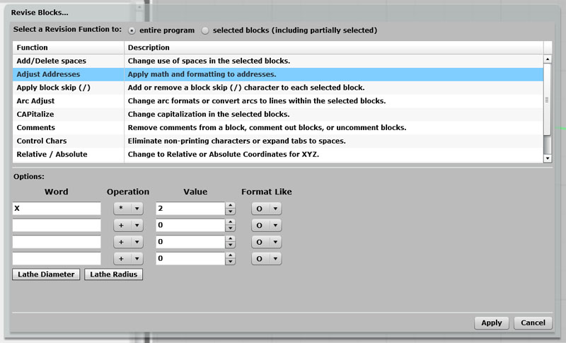 A computer screen displaying a software application interface featuring dropdown menus for revising blocks in a 3D modeling program.