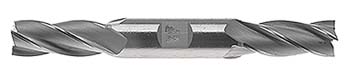 Silver metal drill bit with two twisted ends and spiral notches.