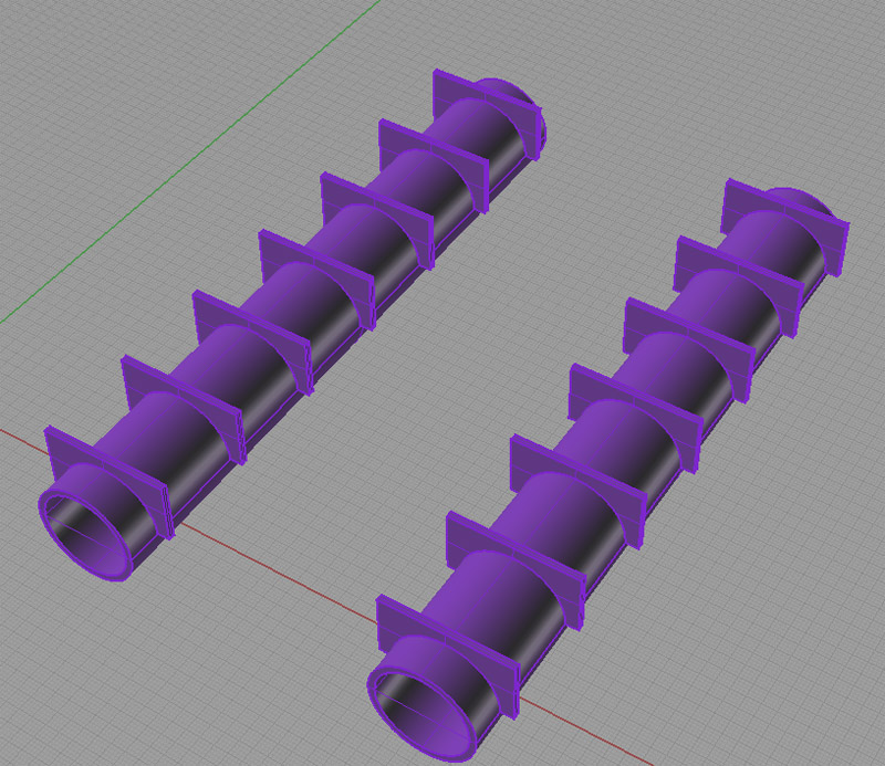 Purple cylindrical objects with rectangular protrusions on a gray background.