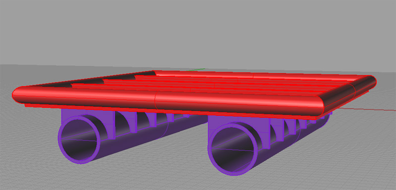 Red cylindrical object with black interior and parallel lines on top of purple metal brackets.