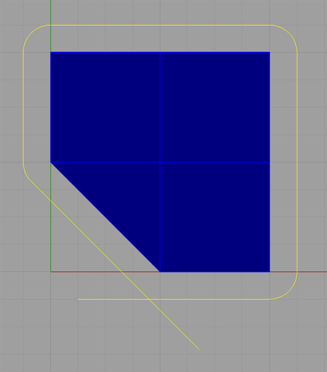 Gray background with blue square and yellow outline featuring an L-shaped diagonal line with a curved connection.