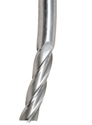 Silver metal drill bit with spiral design on white background.