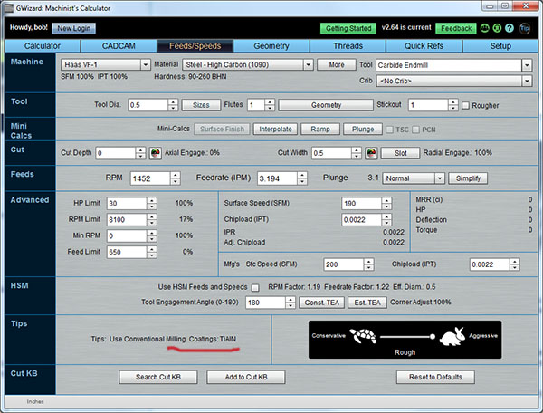 GWizard Machinist's Calculator screenshot on CNCCookbook.com.