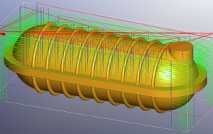 Rounded metal tank with yellowish hue and ridged surface.