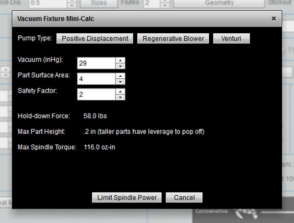 Computer-generated dialog box for machining and CNC machine calculations.