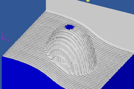Roughing simulation on a CNC machining process, featuring tool path and material removal.