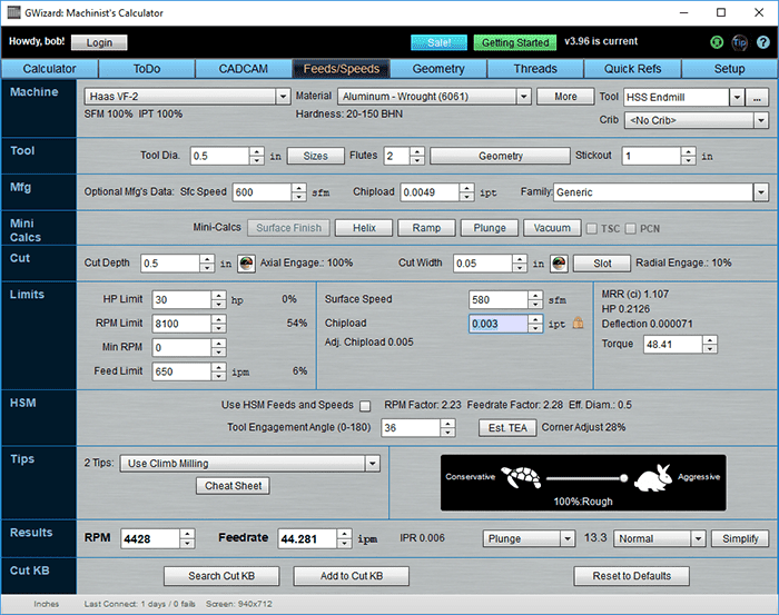 A screenshot displaying a variety of settings on a computer screen, including some cutting speed formulas.