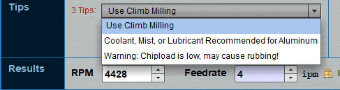 Machining screenshot with warning about low chipload.