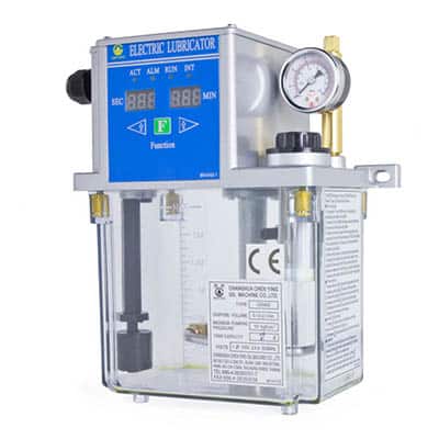 Electric lubricator with digital display on blue panel.