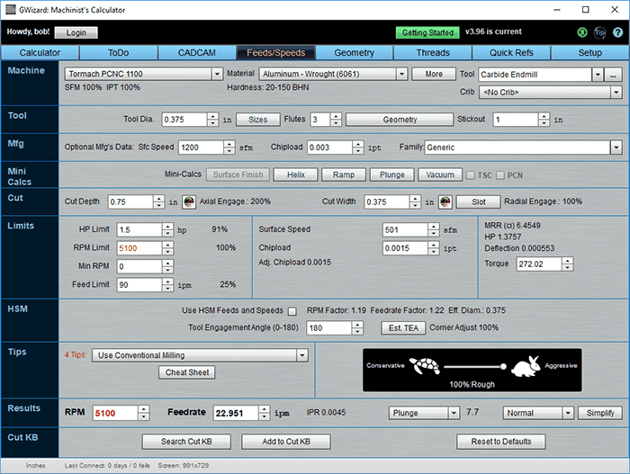 GWizard Machinist's Calculator software screenshot with tabs and input fields.