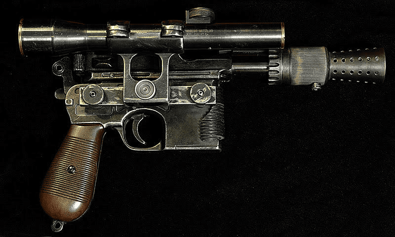 Han Solo style blaster made of metal, wood, and leather.
