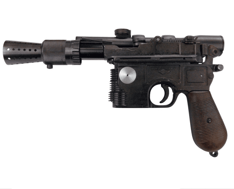 Black Han Solo blaster from Star Wars with long barrel and grip.