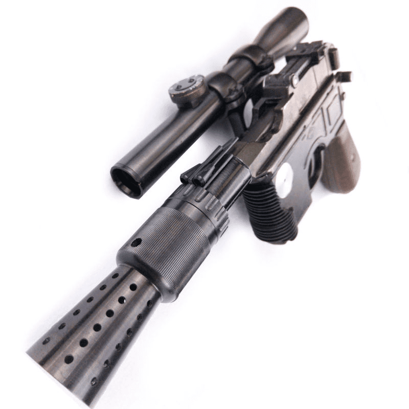 Black handgun with modern design, featuring a light gray background and mounted scope.
