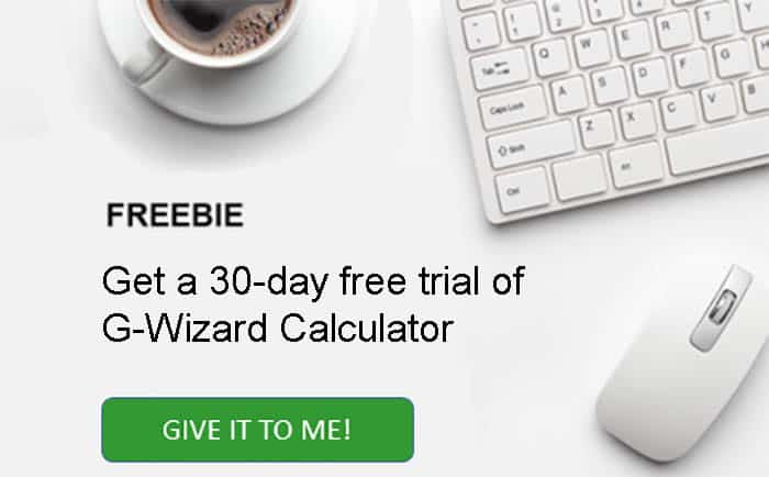 White keyboard and mouse on light gray background with FREEBIE and Get a 30-day free trial of G-Wizard Calculator text.