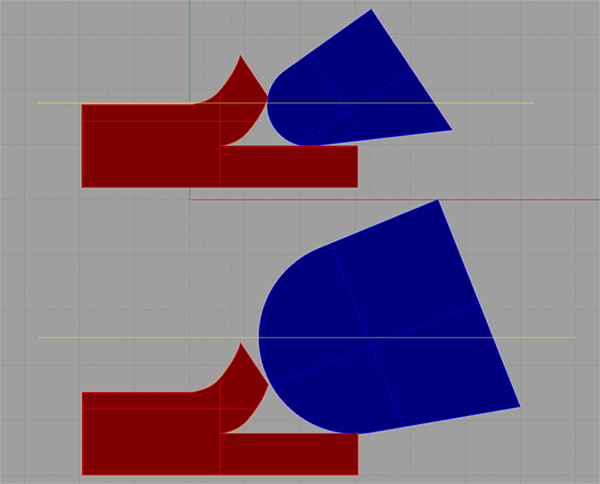 A pair of blue and red shapes are shown in a 3d model.