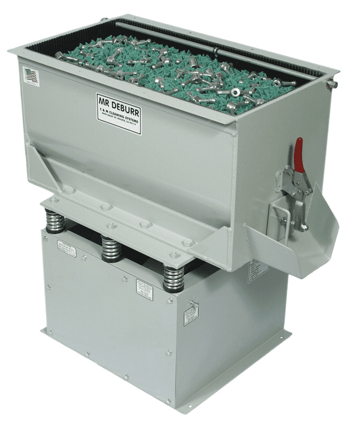 Gray metal bin labeled MR DEBURR with screws, bolts, and washers inside.