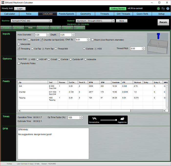 A screen shot of a computer screen showing an image of a machine with the G-Wizard Calculator. Release v4.16.