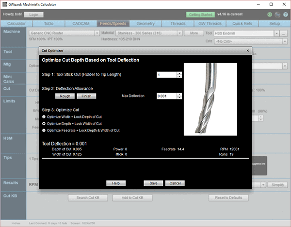 CNC tool deflection calculator screenshot with customizable settings.