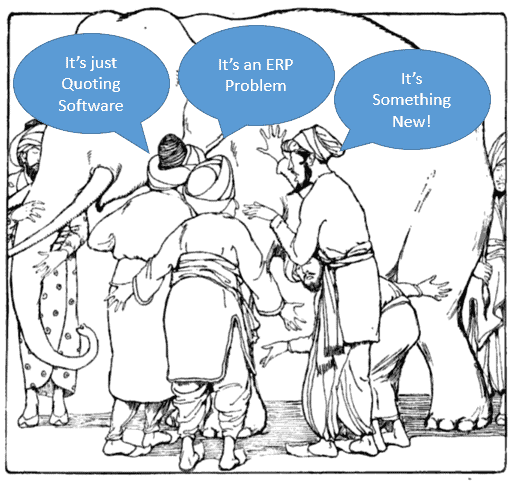 A group of people gathered around a cartoon elephant, with three speech bubbles containing text.