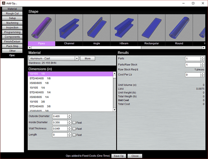 A screen shot of a computer screen showing different types of metals using G-Wizard Estimator.