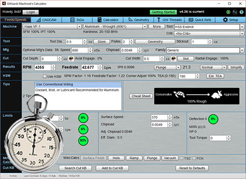 Screenshot of g-wizard machinist's calculator software interface with various machining parameters, tools info, and a stopwatch overlaid at the bottom left.