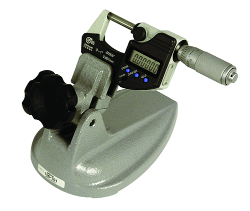 Digital micrometer with Mitutoyo branding, digital display, black body, silver handle, and blue buttons on a white background.