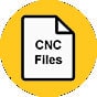 Yellow circle with white "CNC Files" text on a black background.
