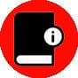 Black book on red background with white information symbol.