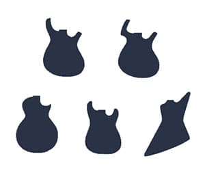 Four guitar body outlines, including Stratocaster, Les Paul, Telecaster, and Bass.