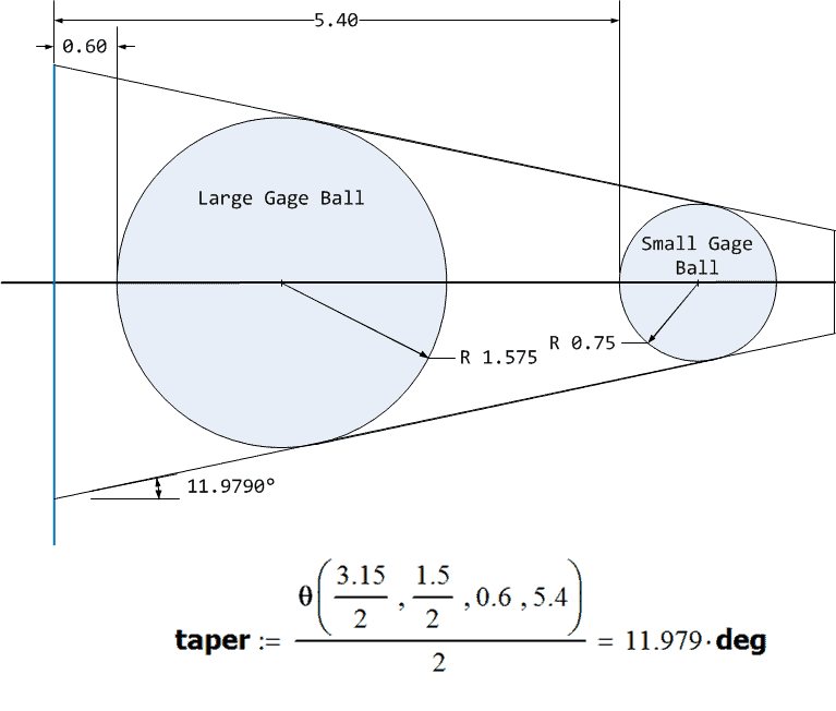 Technical diagram of large and small gage balls with measurements and mathematical equations.