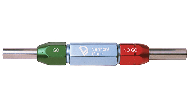 Tool gauge with green, blue, and red measuring ends.