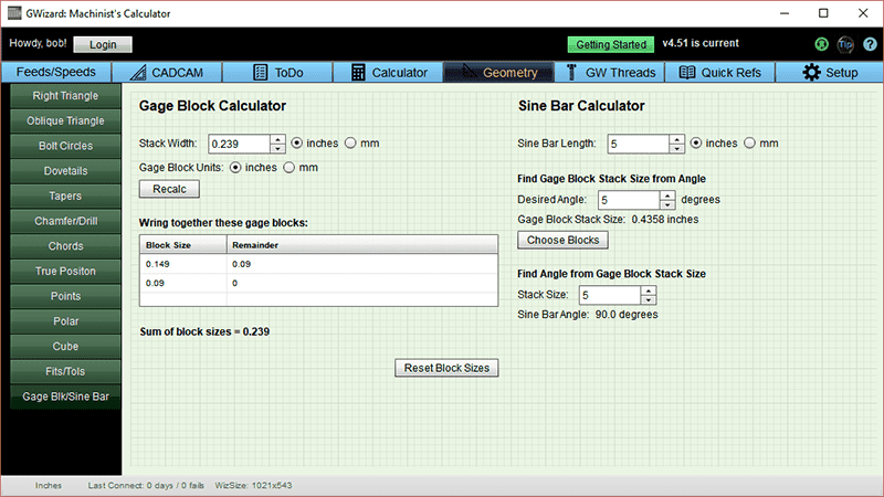 Sine Bar Calculation Chart