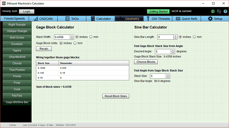 Machining calculator tool with grid layout and input fields