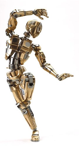 A golden robot is milling on a white background.