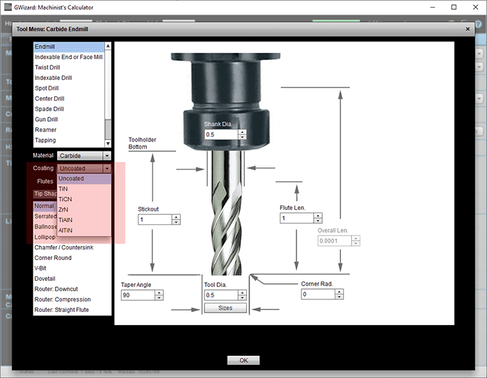 A screen shot of a computer screen displaying machine tool end mill coatings.