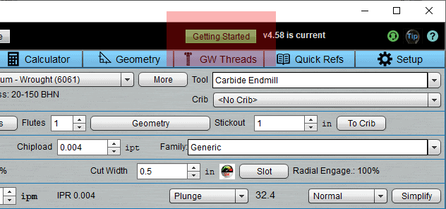 A computer screen displaying the settings for a gcc calculator, specifically pertaining to end mill coatings.