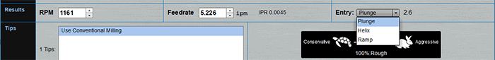 Machining software computer program interface with tabs and buttons for CNC machining.
