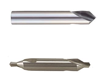 Two different types of drill bits, a spot drill and a center drill, on a white background.