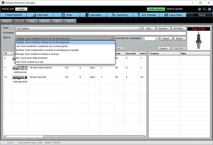 CNCCookbook.com website screenshot with grid-based interface and tool management features.