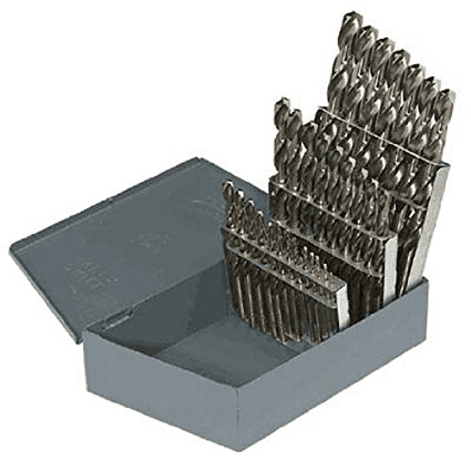 A set of drill bits with various sizes in a box.