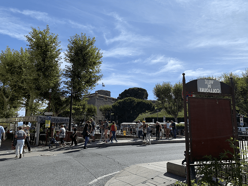 Bustling city street with pedestrians and trees-lined sidewalk.