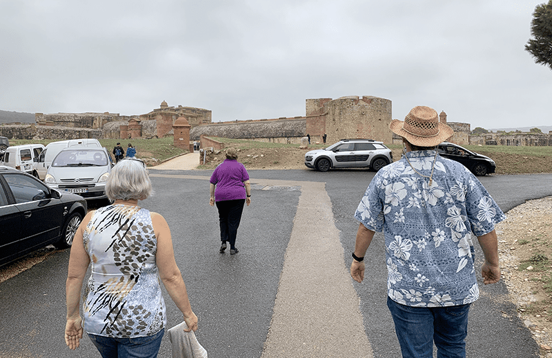 People walking on a road near parked cars in an urban/suburban setting.