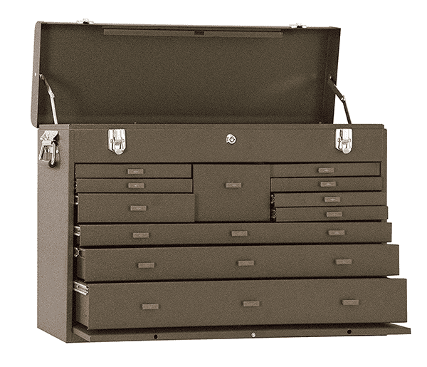 A brown tool chest containing machinist tools, with drawers open on a white background.