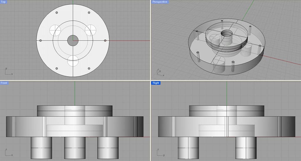 Cylindrical backplate with four circular cutouts and a central hole connected to rectangular tubes, viewed from top, front, and right sides.