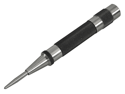 Silver metal tool with a pointed tip and textured handle.